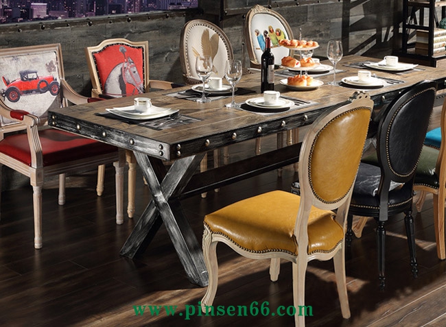 美式復(fù)古loft桌椅 美式復(fù)古酒店餐桌椅 大型餐廳超長(zhǎng)鐵皮包邊鐵藝餐桌椅定制廠家